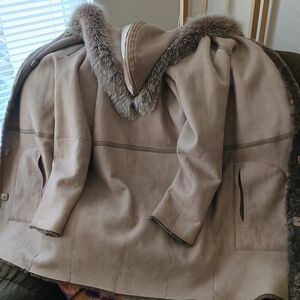 Yves Saloman Leather Coat Reversible with Fur Trim on the hood. Color Taupe